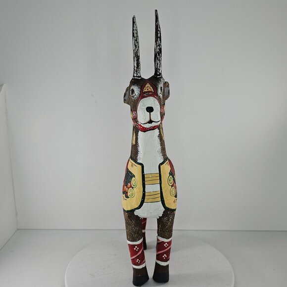 Hand Painted Papier Mache Reindeer Statue With Antlers Colorful Saddle Christmas - Picture 3 of 9